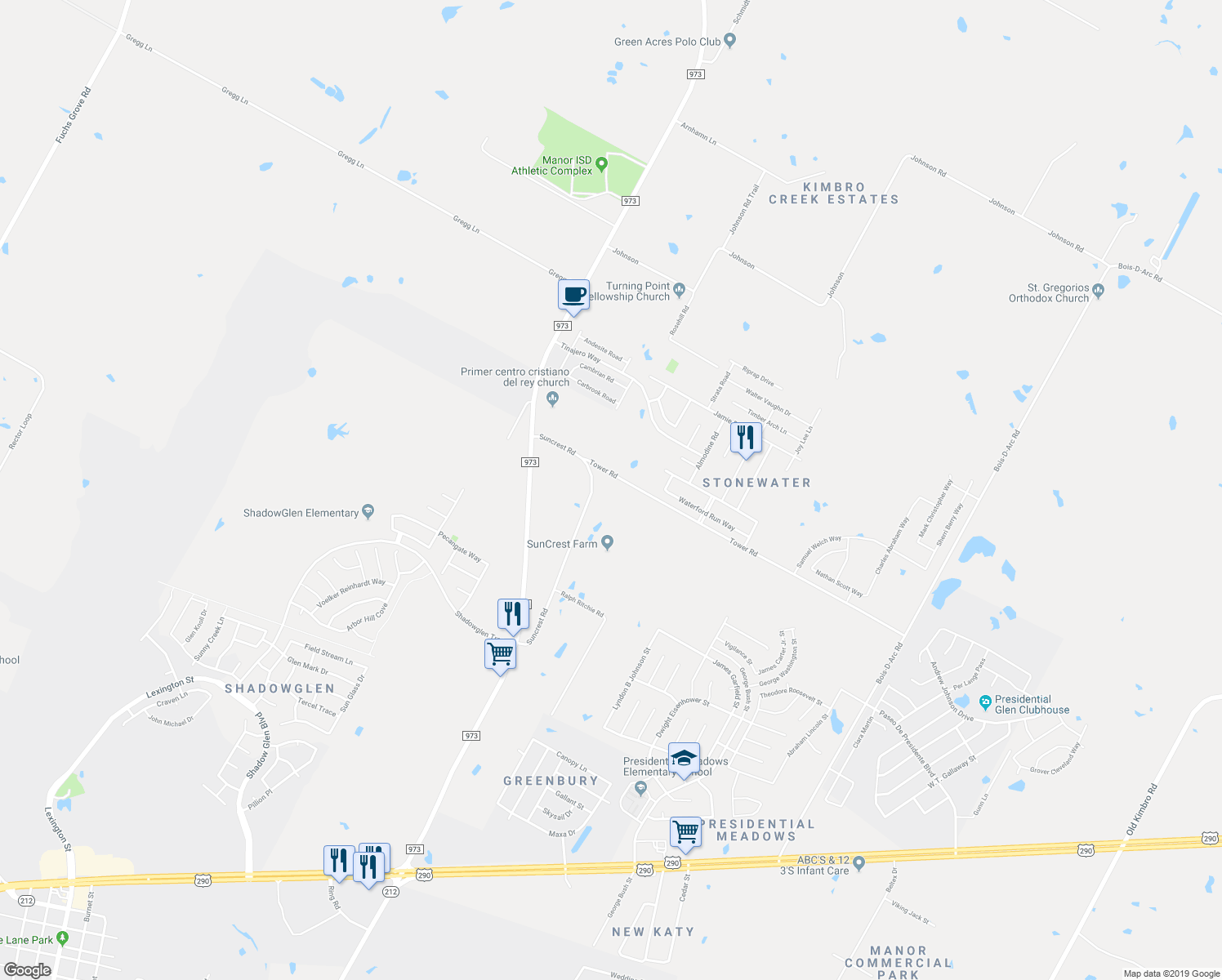 map of restaurants, bars, coffee shops, grocery stores, and more near 12101 Tower Road in Manor