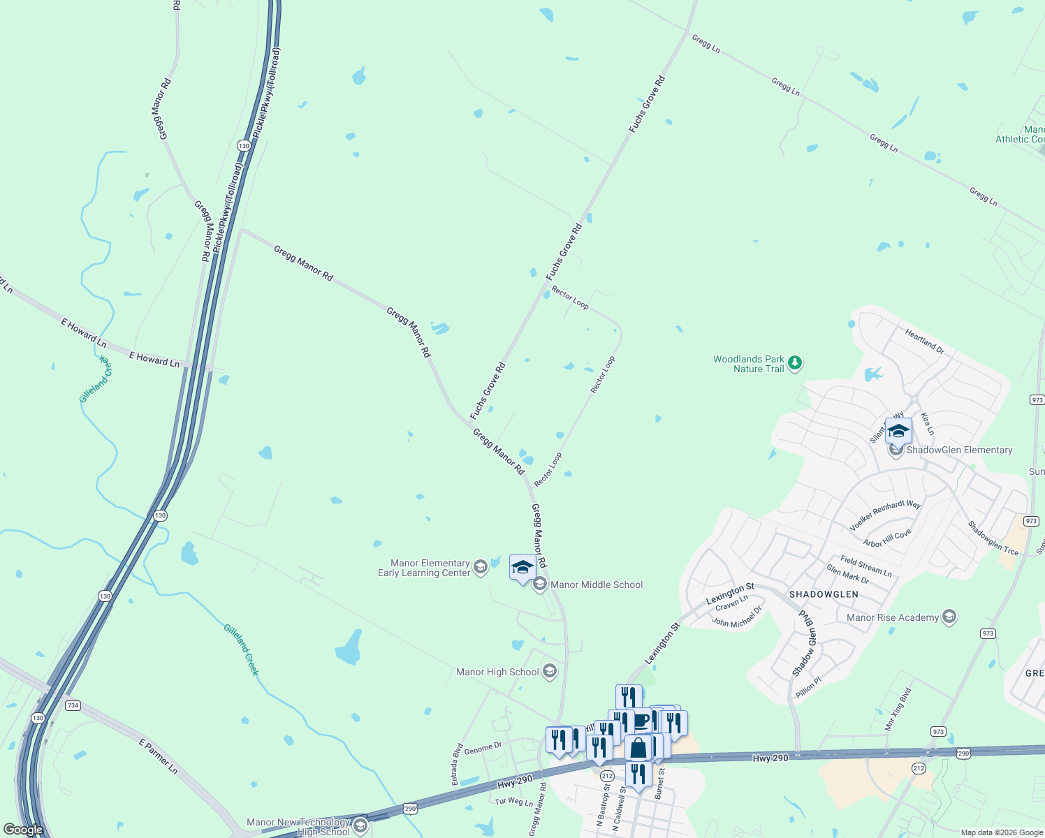 map of restaurants, bars, coffee shops, grocery stores, and more near 13245 Gregg Manor Road in Manor