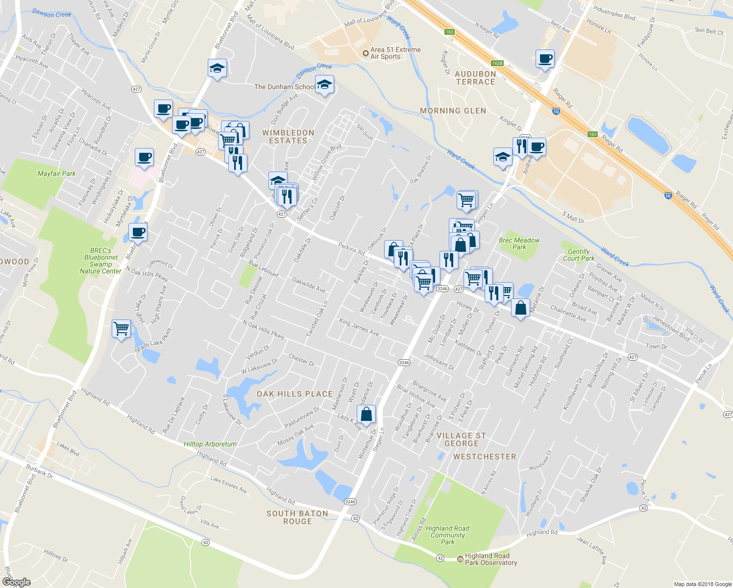 map of restaurants, bars, coffee shops, grocery stores, and more near 753 Wordsworth Drive in Baton Rouge