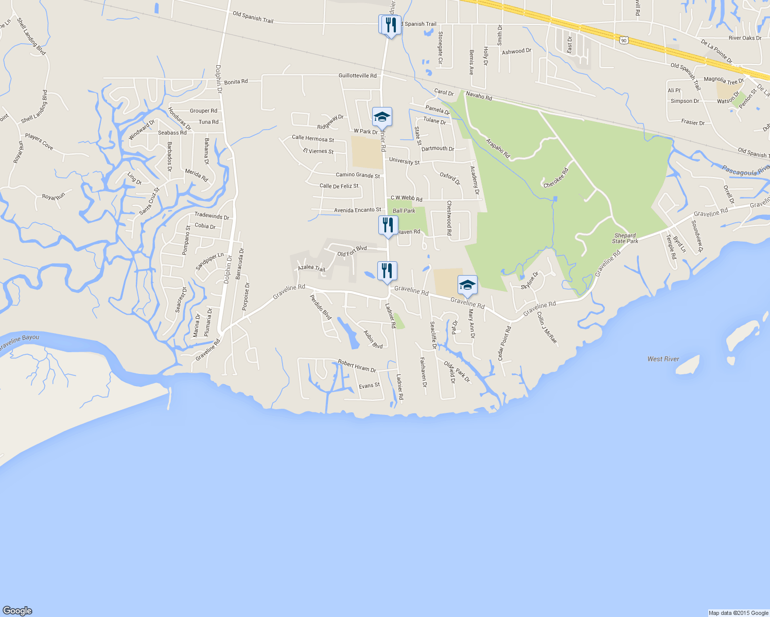 map of restaurants, bars, coffee shops, grocery stores, and more near 1804 Amar East in Gautier