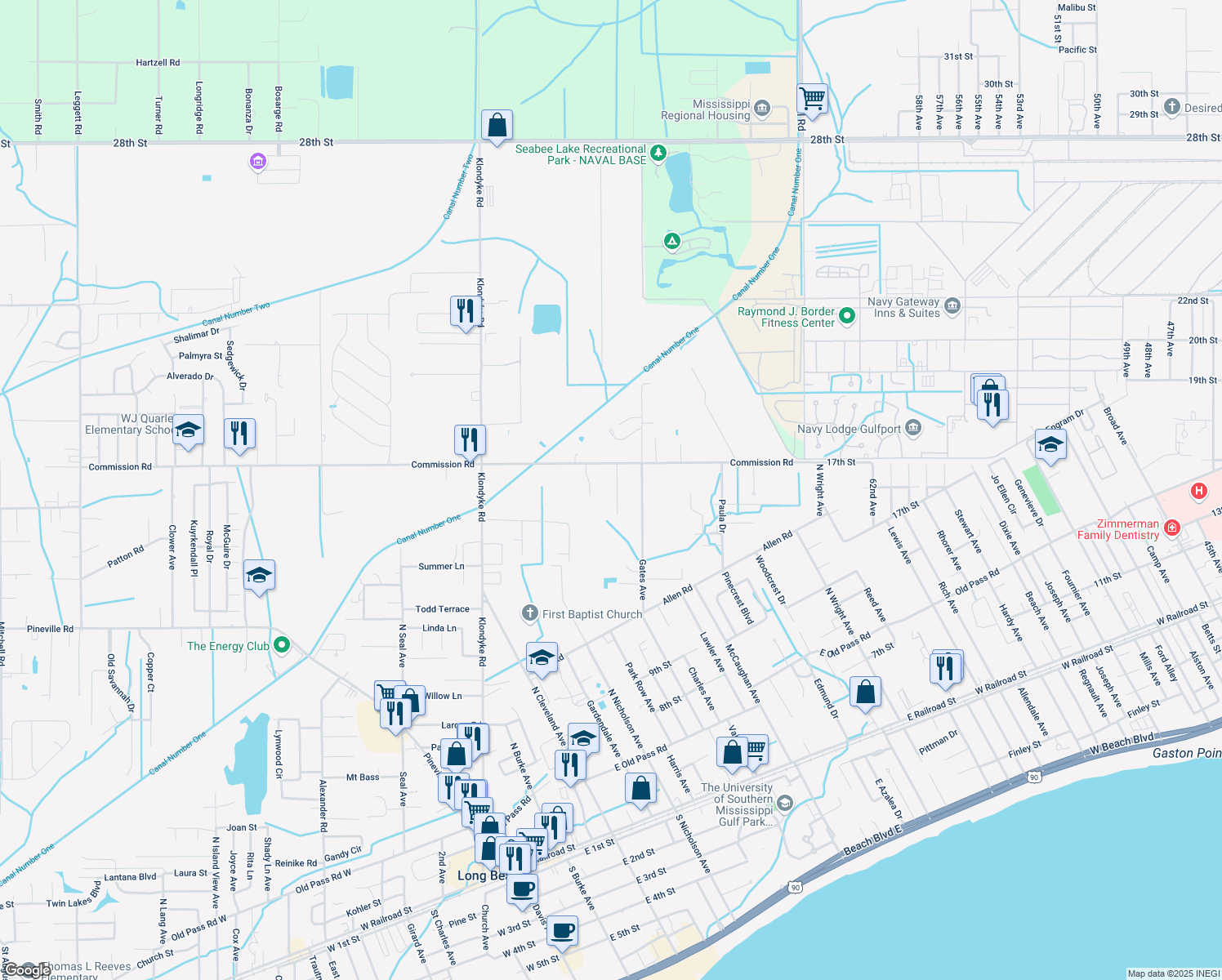 map of restaurants, bars, coffee shops, grocery stores, and more near 5585 Dauro Road in Long Beach