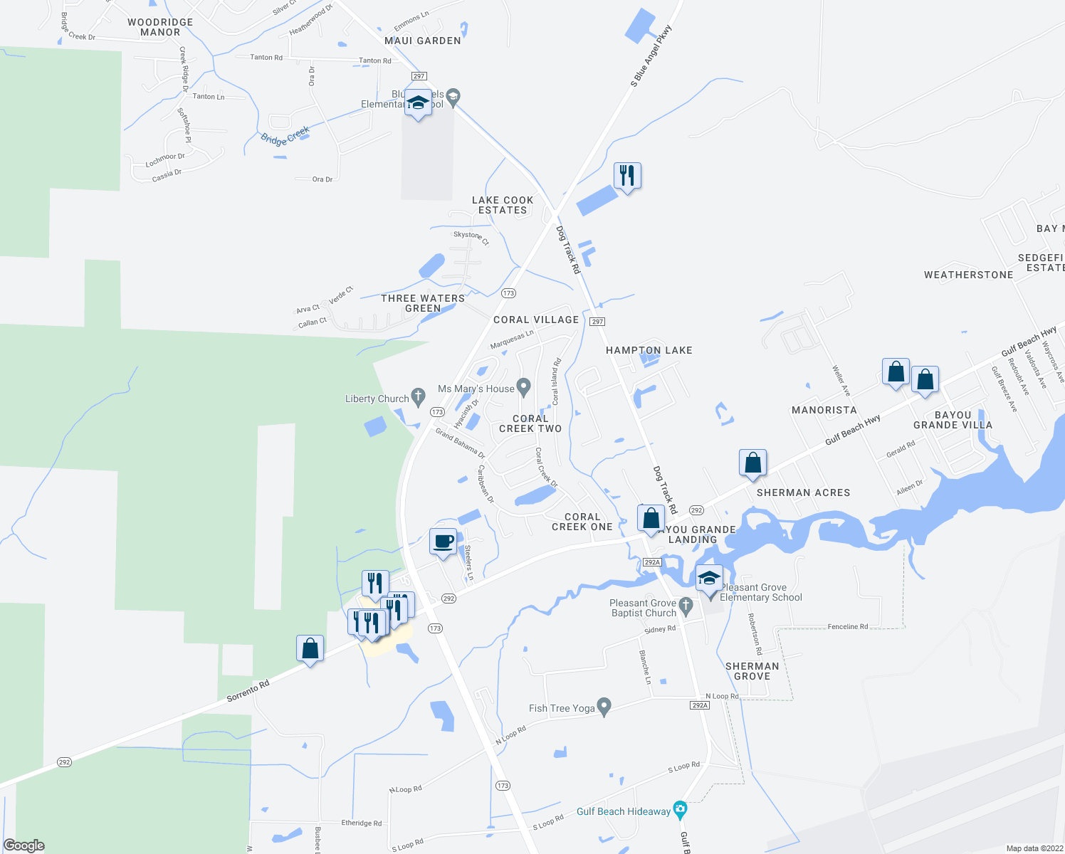 map of restaurants, bars, coffee shops, grocery stores, and more near 2107 Coral Creek Drive in Pensacola