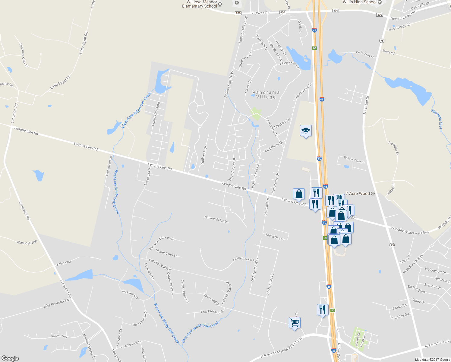 map of restaurants, bars, coffee shops, grocery stores, and more near 186 Thunderbird Drive in Conroe