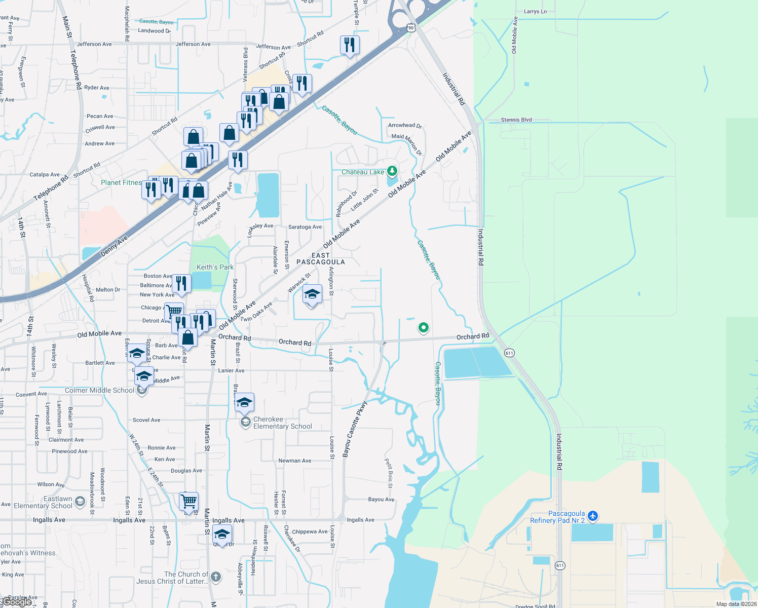 map of restaurants, bars, coffee shops, grocery stores, and more near 5224 Pentagon Drive in Pascagoula