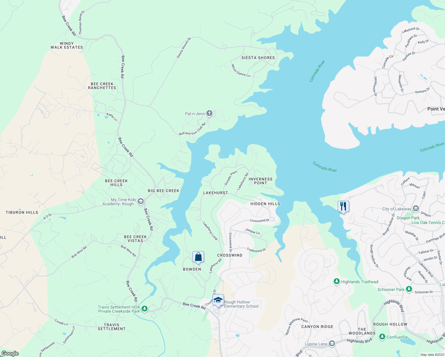 map of restaurants, bars, coffee shops, grocery stores, and more near 2452 Lakehurst Road in Spicewood