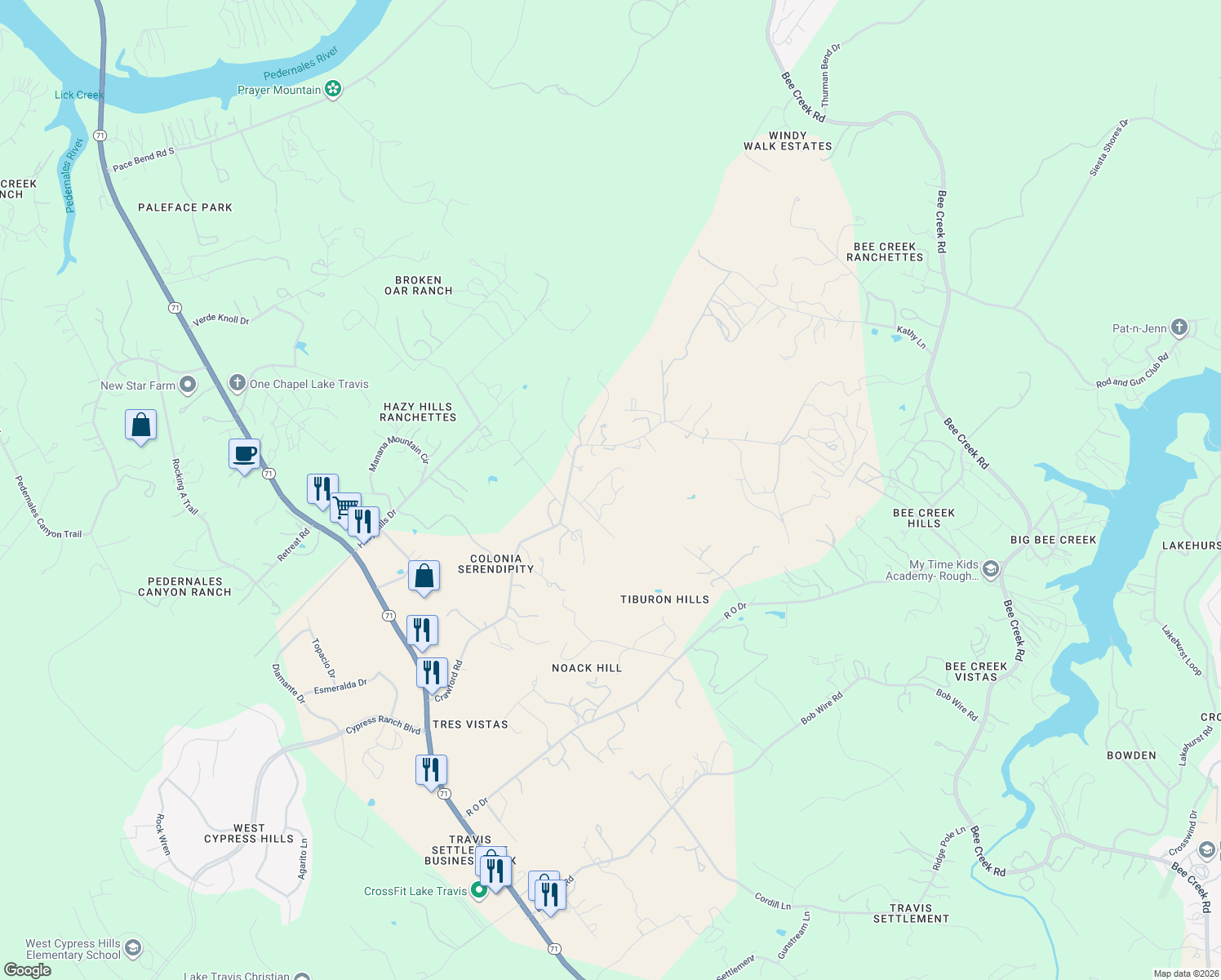 map of restaurants, bars, coffee shops, grocery stores, and more near 21514 Darley Road in Spicewood