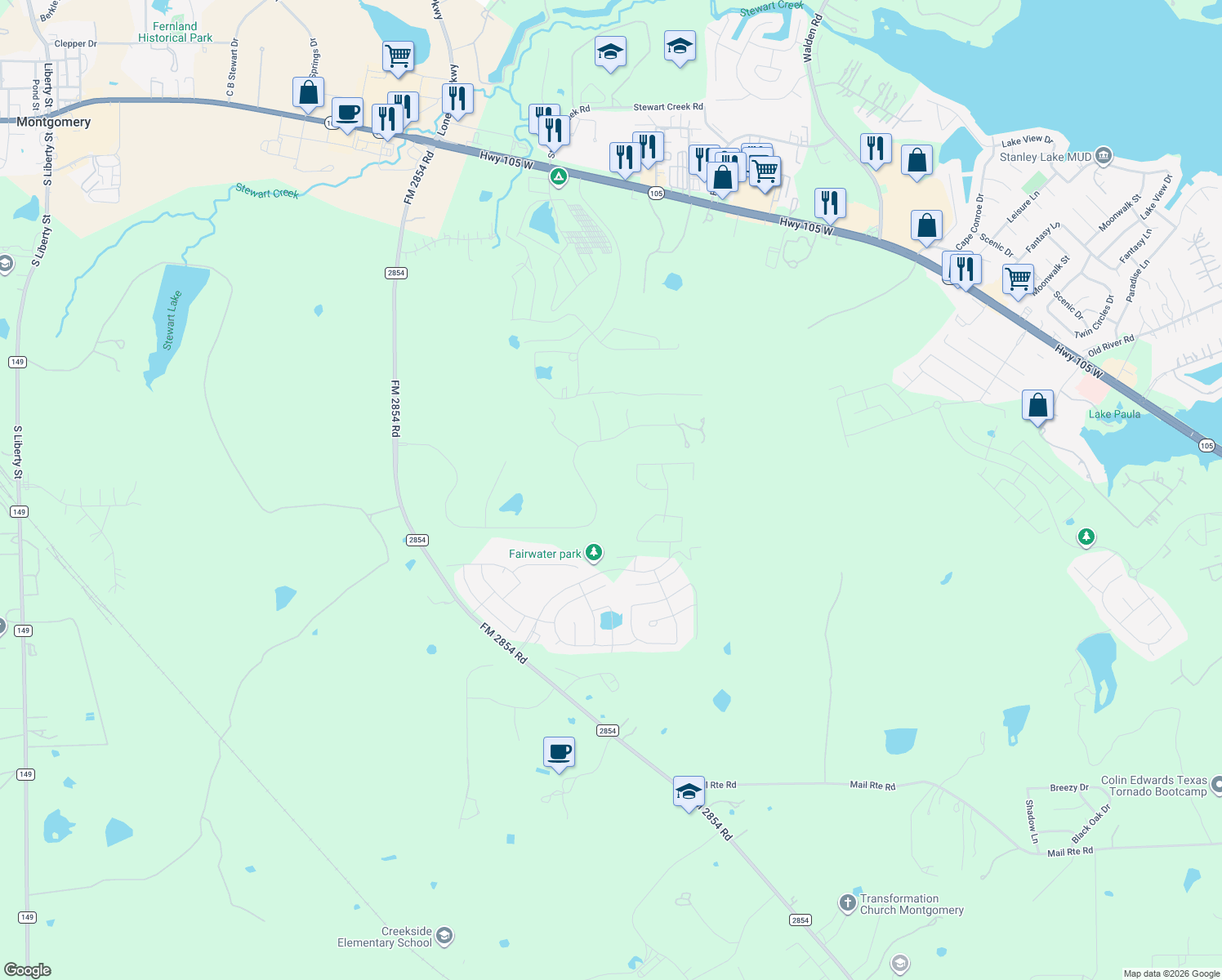 map of restaurants, bars, coffee shops, grocery stores, and more near 20095 Hilltop Ranch Drive in Montgomery