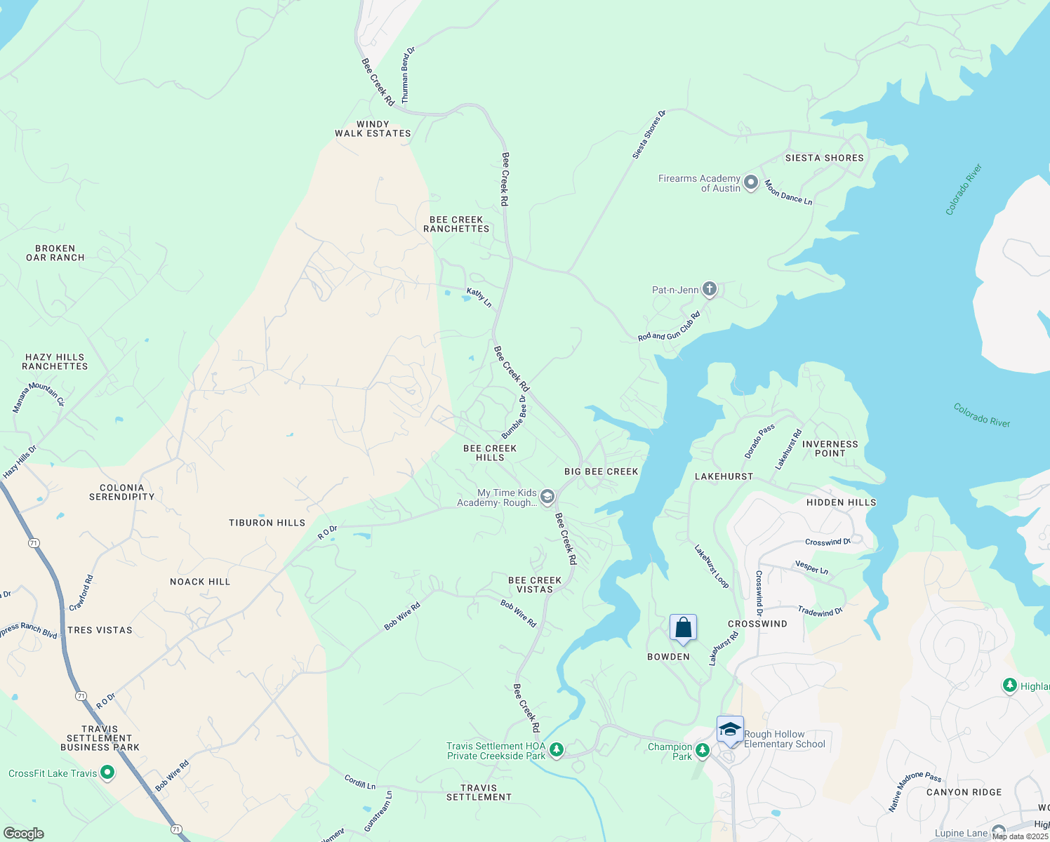 map of restaurants, bars, coffee shops, grocery stores, and more near 20516 Queen Bee Ln in Spicewood