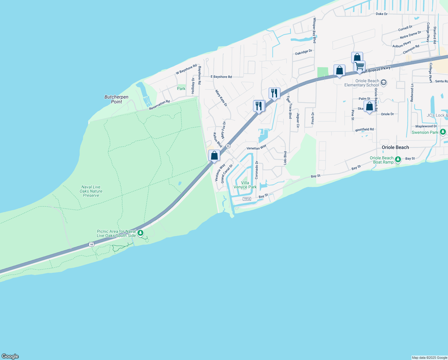 map of restaurants, bars, coffee shops, grocery stores, and more near 956 Grand Canal Street in Gulf Breeze