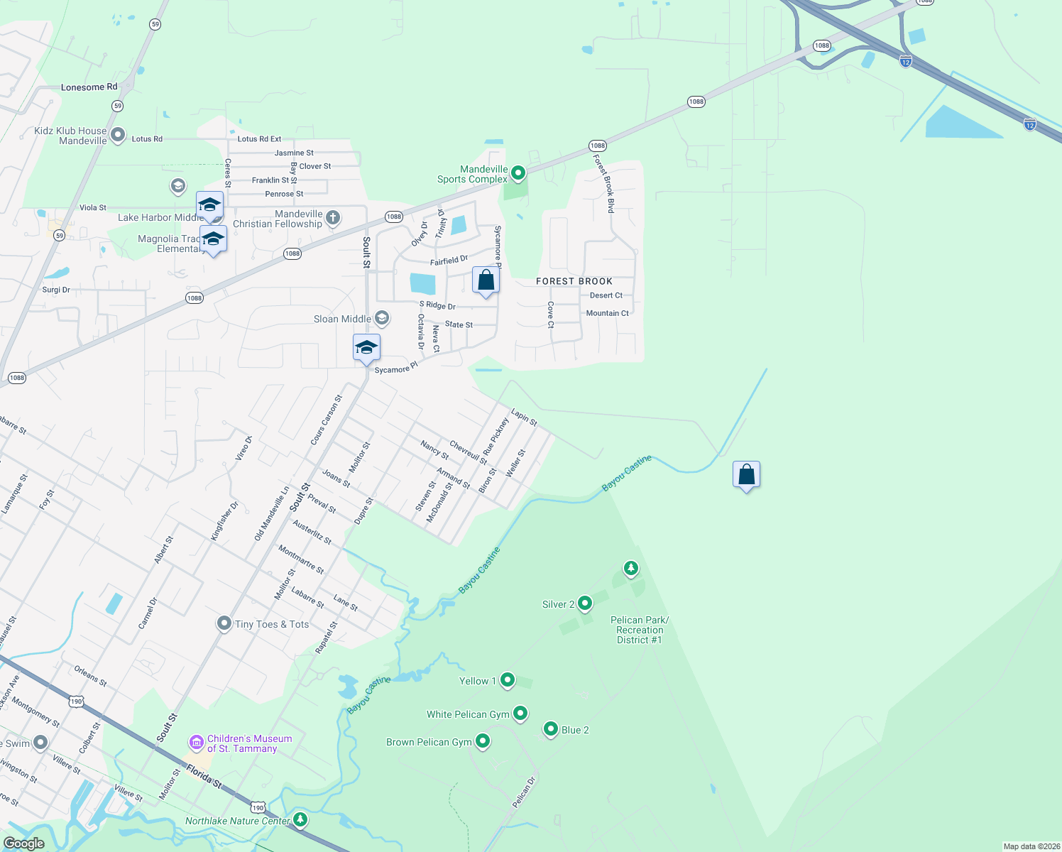map of restaurants, bars, coffee shops, grocery stores, and more near 2784 Rue Weller in Mandeville