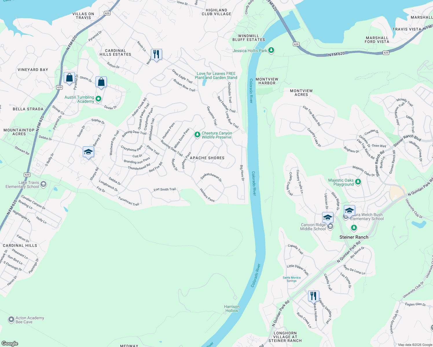 map of restaurants, bars, coffee shops, grocery stores, and more near 13908 Saskatchewan Drive in Austin