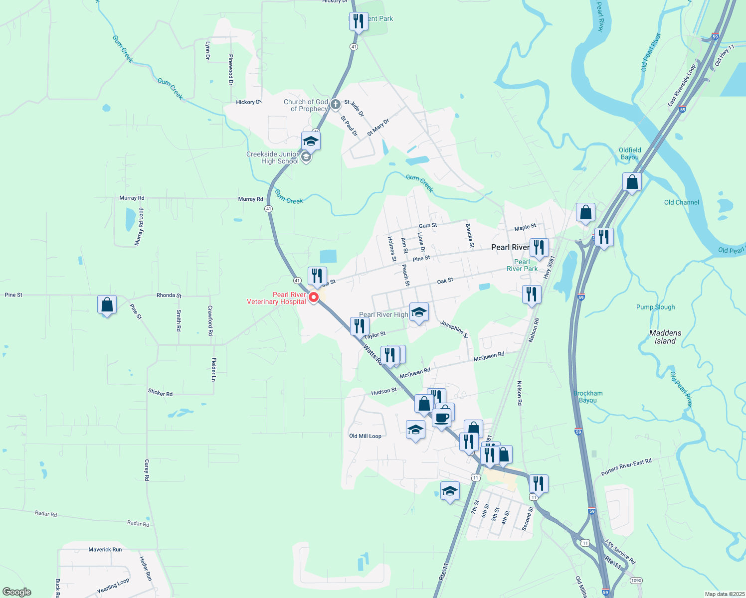 map of restaurants, bars, coffee shops, grocery stores, and more near 64576 Barrington Court in Pearl River