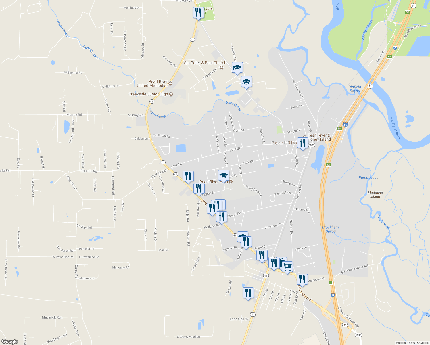 map of restaurants, bars, coffee shops, grocery stores, and more near 64568 Contessa Drive in Pearl River