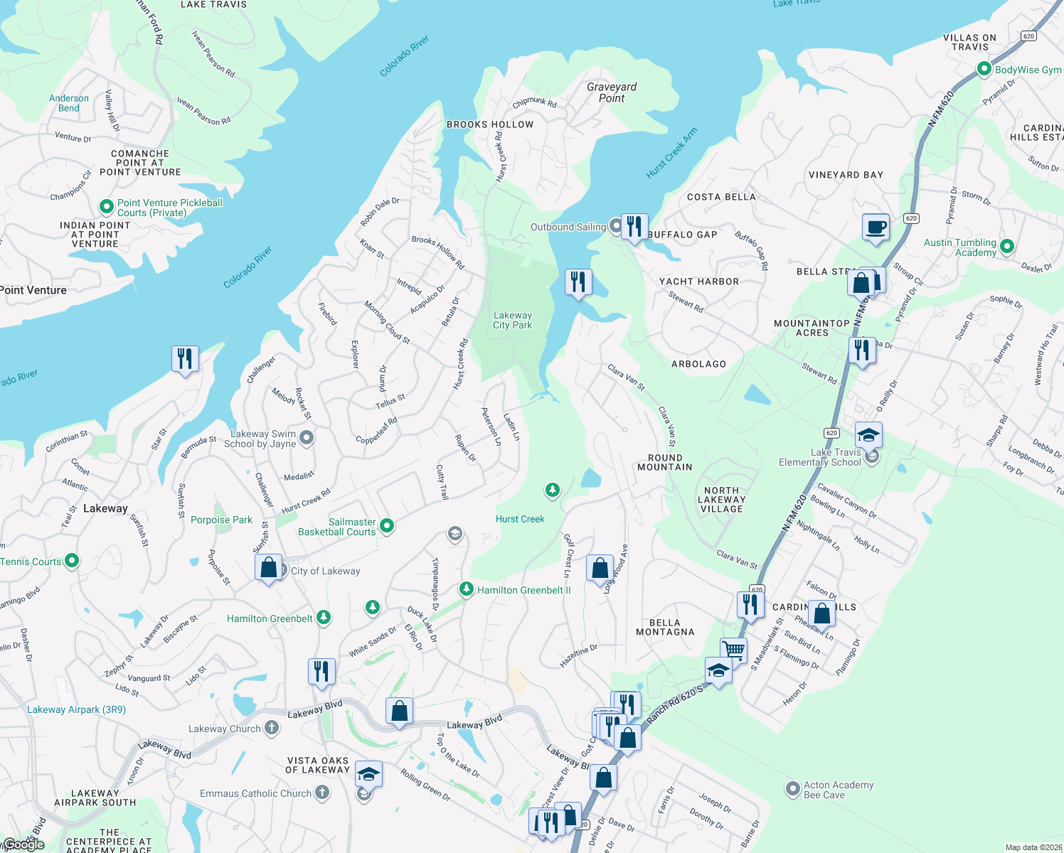 map of restaurants, bars, coffee shops, grocery stores, and more near 532 Ladin Lane in Lakeway