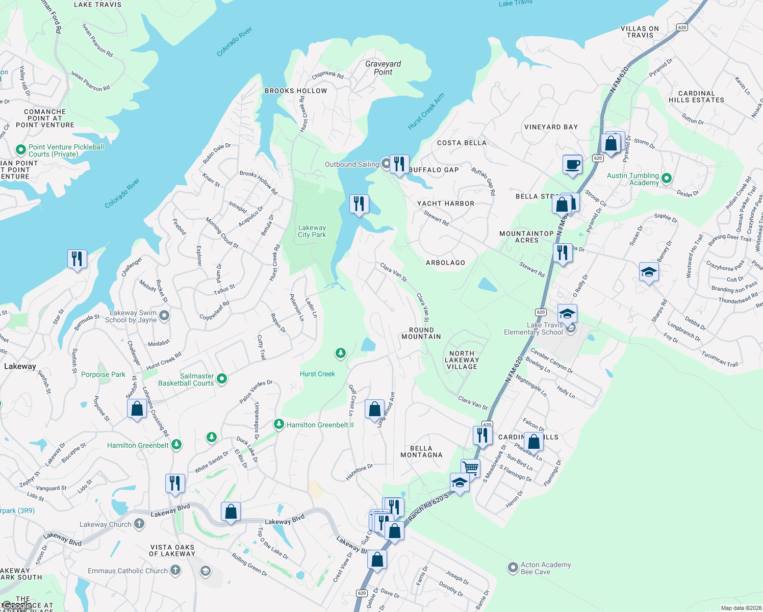 map of restaurants, bars, coffee shops, grocery stores, and more near 101 Harbor Hill Drive in Lakeway