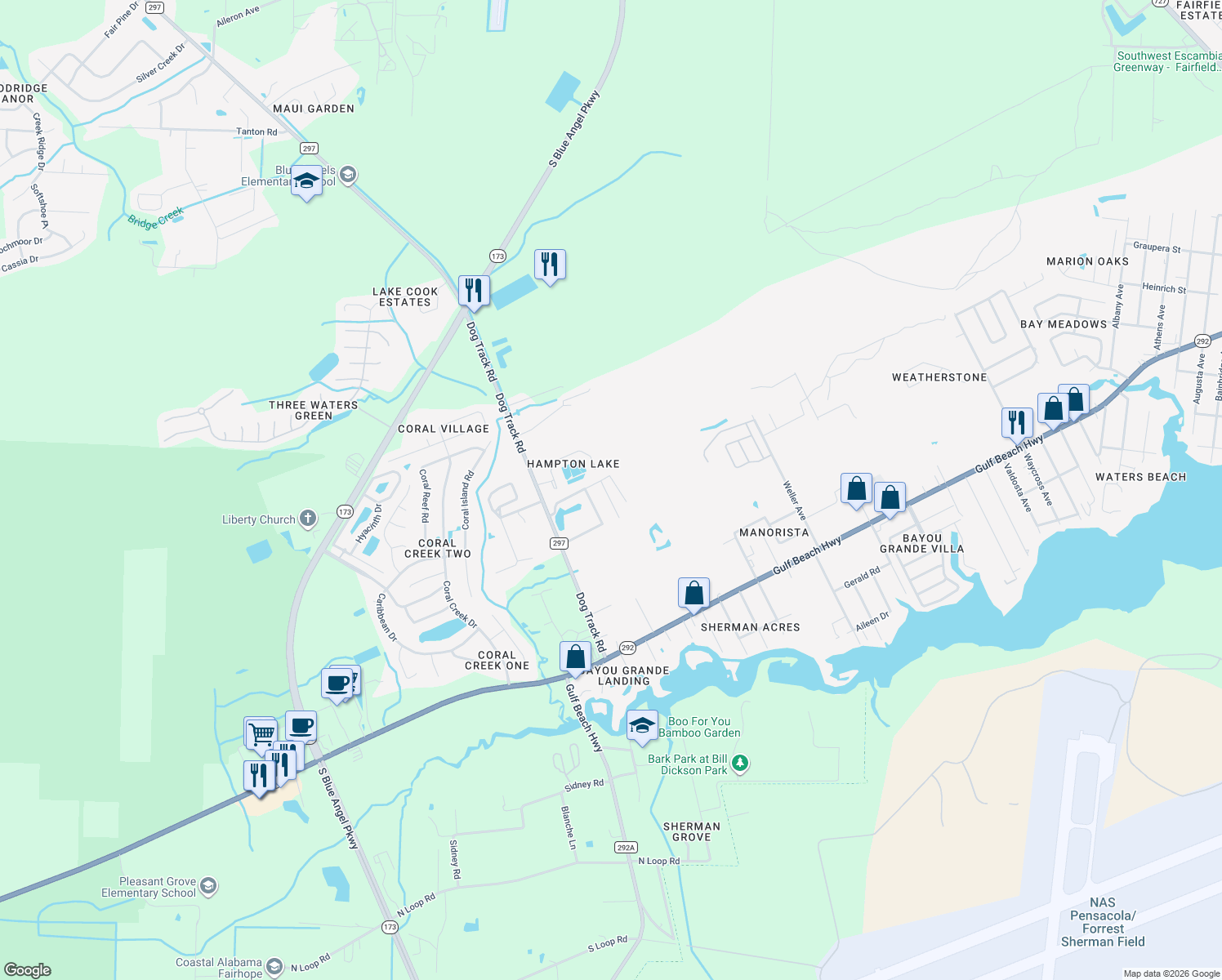 map of restaurants, bars, coffee shops, grocery stores, and more near 2218 Somerville Court in Pensacola