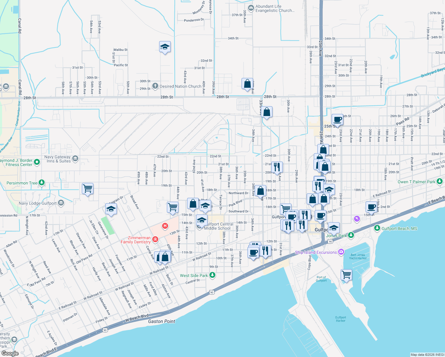 map of restaurants, bars, coffee shops, grocery stores, and more near 3724 19th Street in Gulfport