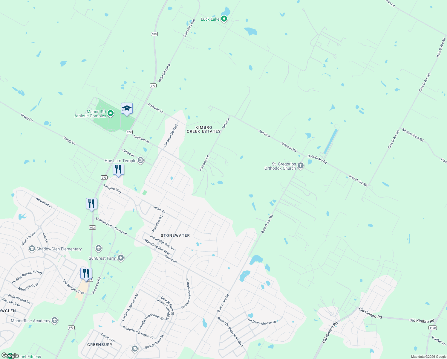 map of restaurants, bars, coffee shops, grocery stores, and more near 12339 Johnson Rd in Manor