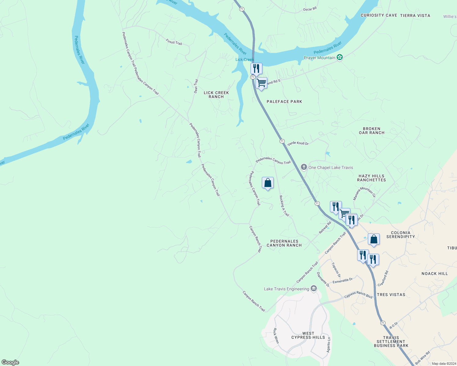 map of restaurants, bars, coffee shops, grocery stores, and more near 4609 Little Creek Trail in Spicewood