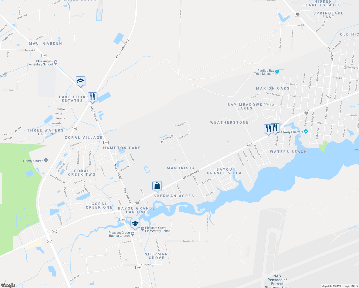 map of restaurants, bars, coffee shops, grocery stores, and more near 2204 Weller Avenue in Pensacola