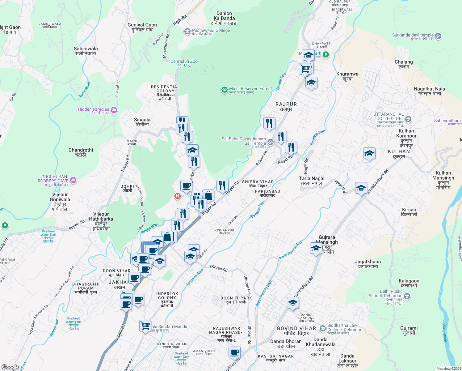 map of restaurants, bars, coffee shops, grocery stores, and more near Old Mussorie Road in Dehradun