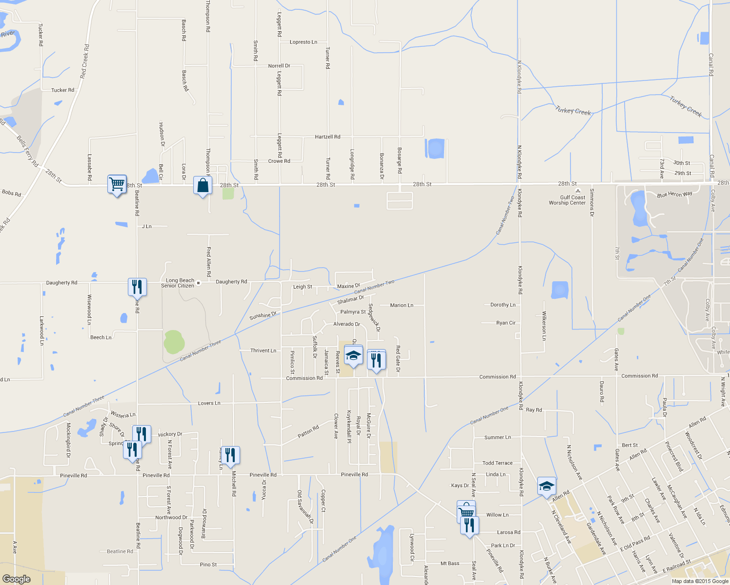 map of restaurants, bars, coffee shops, grocery stores, and more near 202 Shalimar Drive in Long Beach