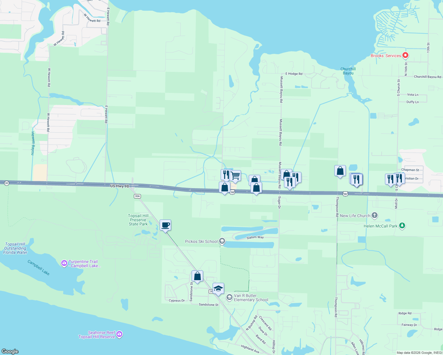 map of restaurants, bars, coffee shops, grocery stores, and more near 151 Don Bishop Road in Santa Rosa Beach