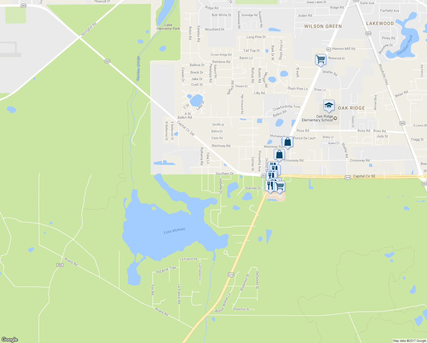 map of restaurants, bars, coffee shops, grocery stores, and more near 1308 Southern Drive in Tallahassee