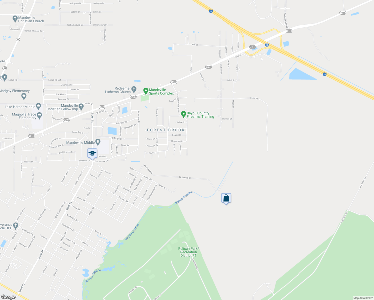 map of restaurants, bars, coffee shops, grocery stores, and more near 3038 Lake Court in Mandeville