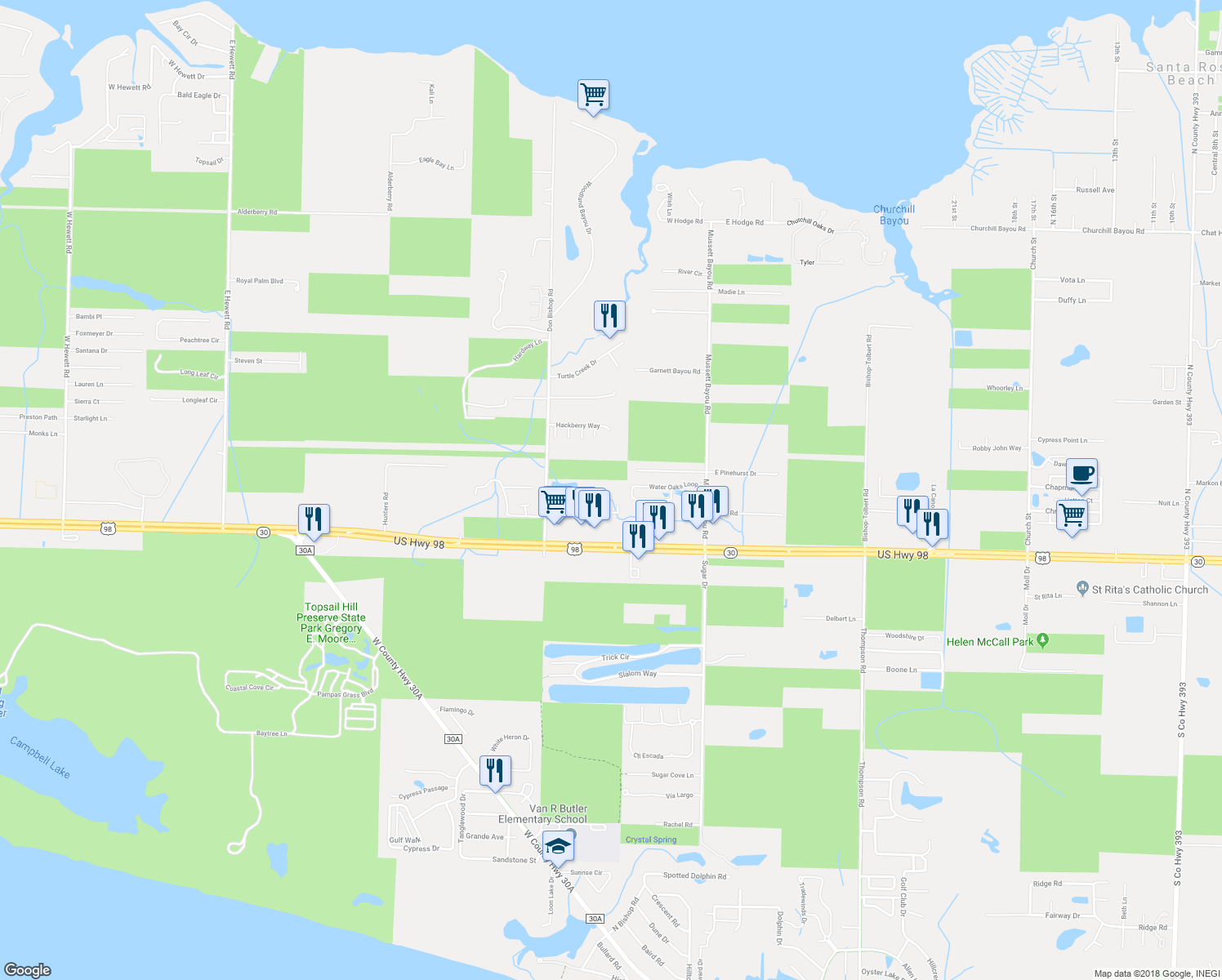 map of restaurants, bars, coffee shops, grocery stores, and more near 196 Don Bishop Road in Santa Rosa Beach