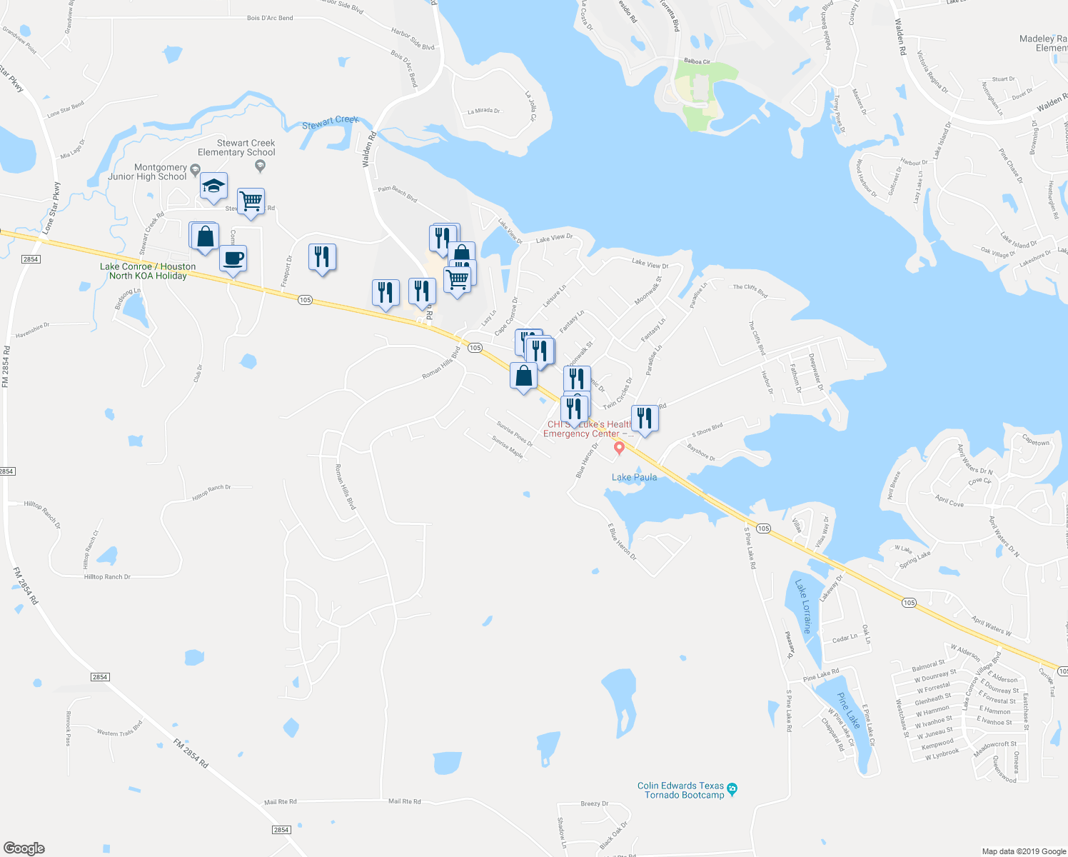 map of restaurants, bars, coffee shops, grocery stores, and more near 18428 Sunrise Oaks Court in Montgomery
