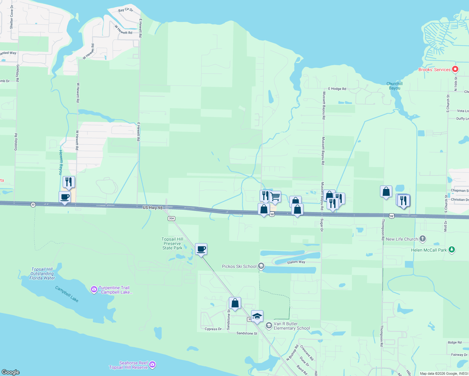 map of restaurants, bars, coffee shops, grocery stores, and more near 308 Winston Manor Road in Santa Rosa Beach