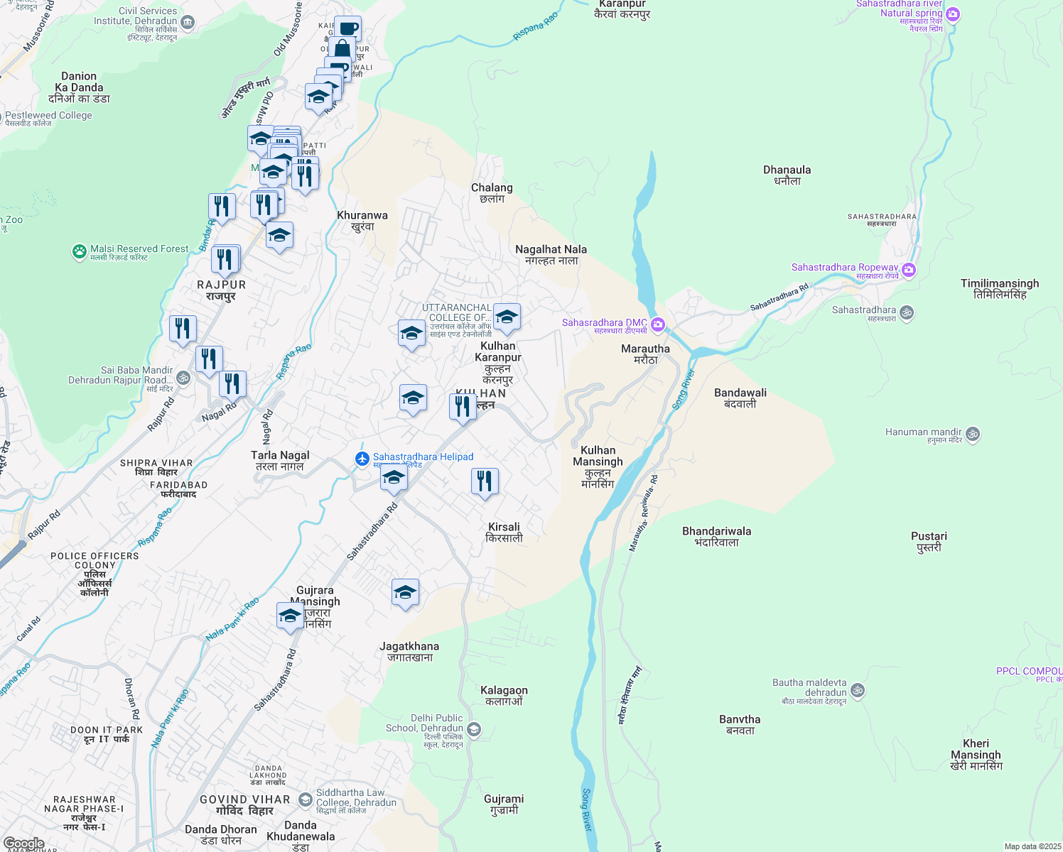 map of restaurants, bars, coffee shops, grocery stores, and more near Sahastradhara Road in Dehradun