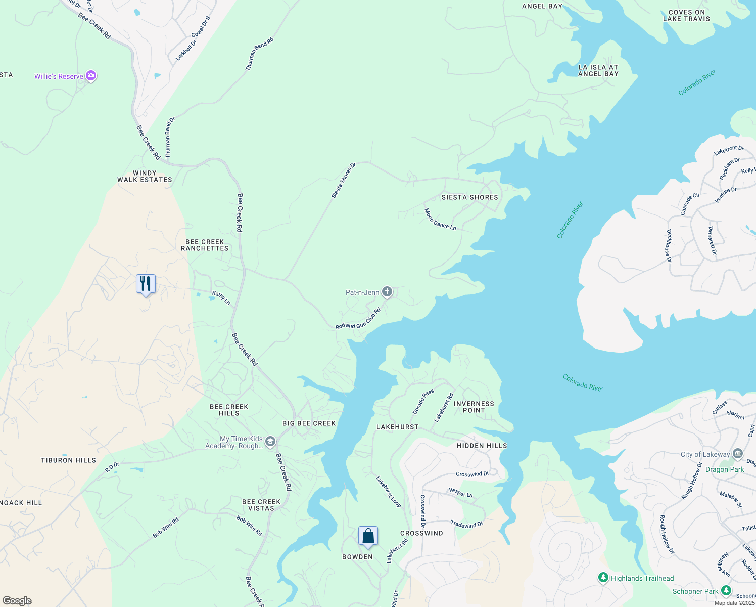 map of restaurants, bars, coffee shops, grocery stores, and more near 20130 Rod and Gun Club Road in Spicewood