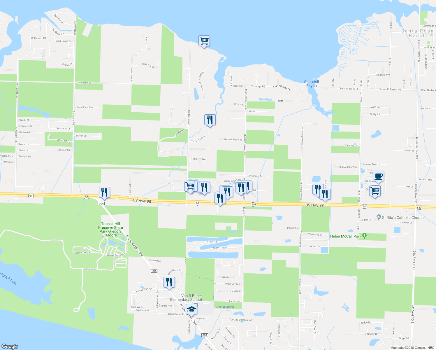 map of restaurants, bars, coffee shops, grocery stores, and more near 239 Mussett Bayou Road in Santa Rosa Beach