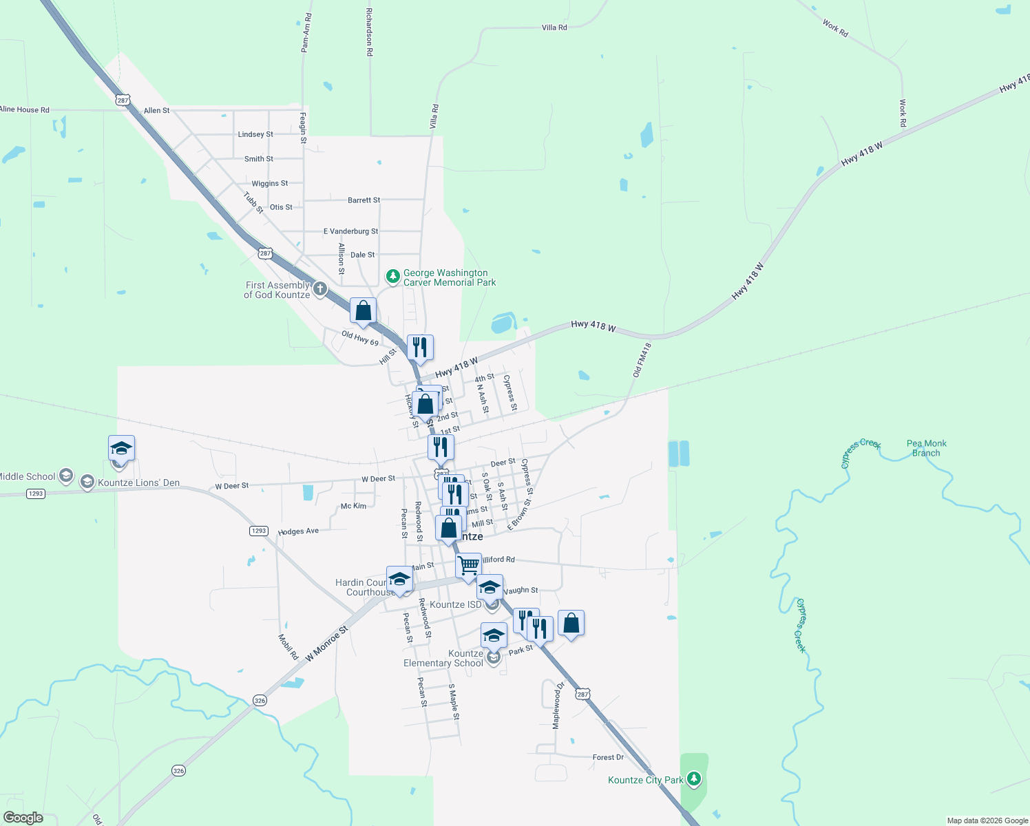 map of restaurants, bars, coffee shops, grocery stores, and more near 817 1st St in Kountze