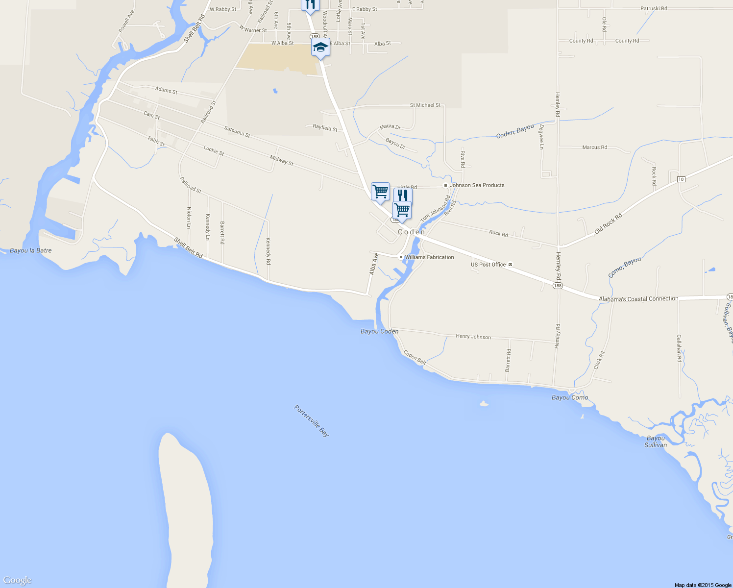 map of restaurants, bars, coffee shops, grocery stores, and more near Henry Johnson St in Coden