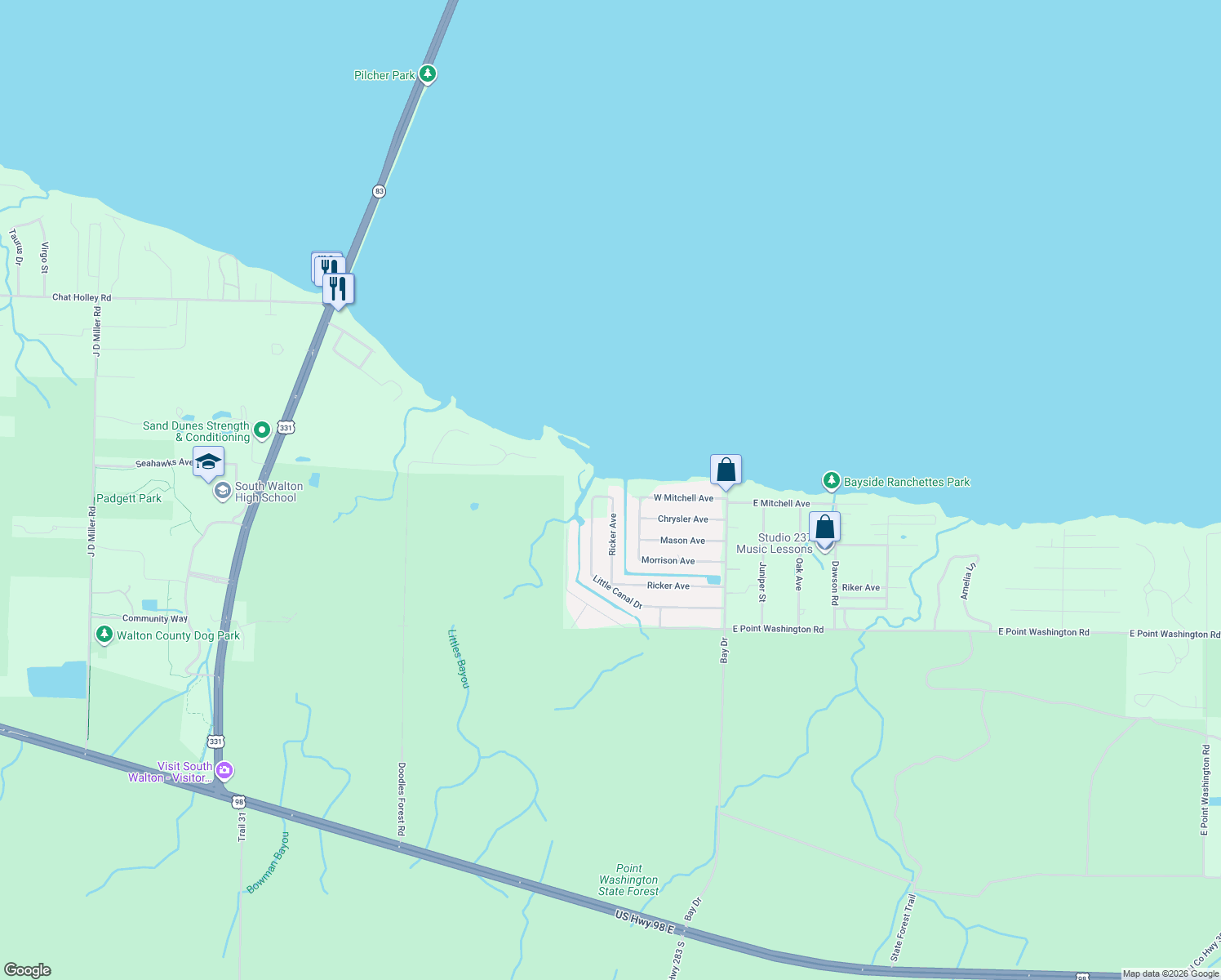 map of restaurants, bars, coffee shops, grocery stores, and more near 654 Ricker Avenue in Santa Rosa Beach