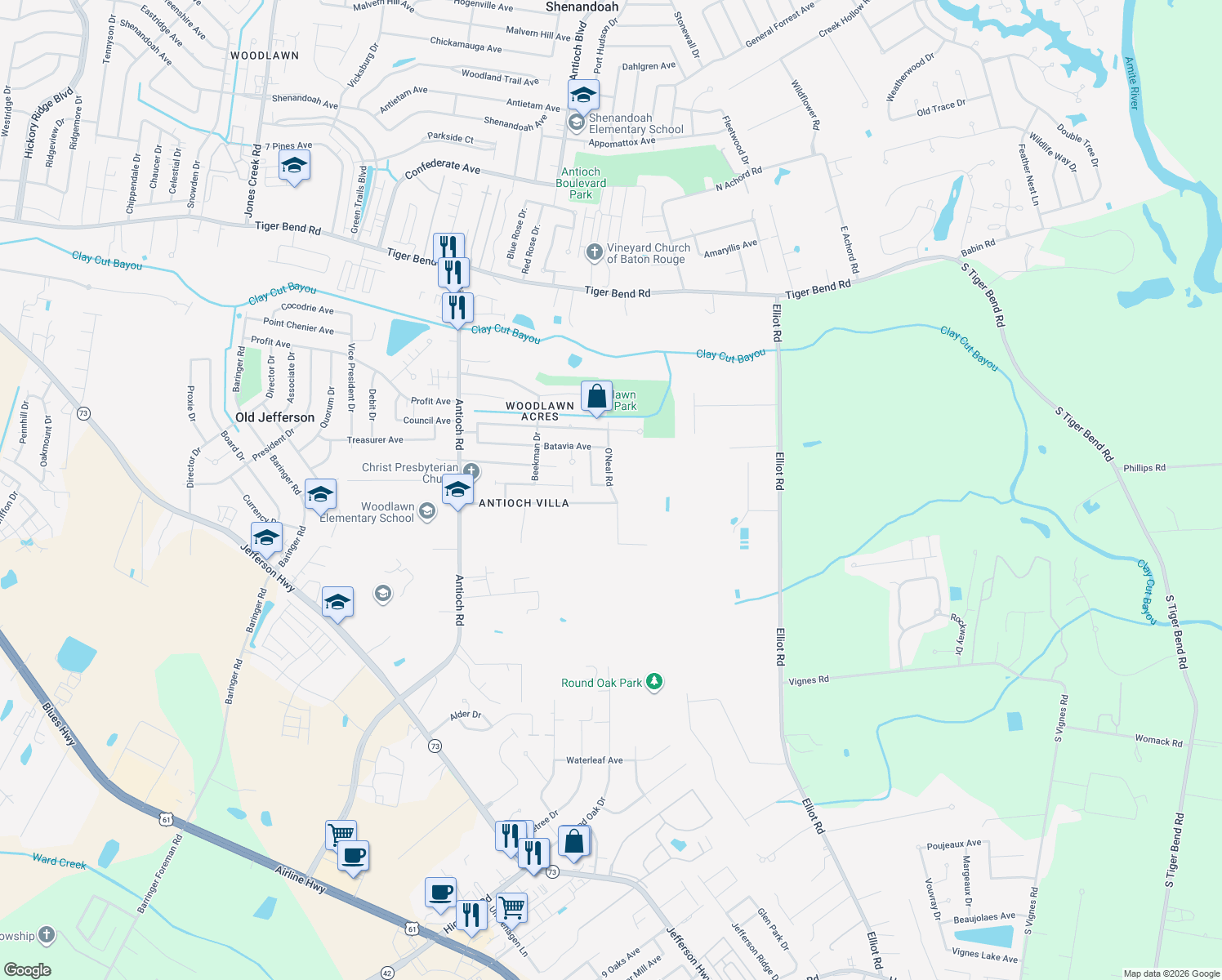 map of restaurants, bars, coffee shops, grocery stores, and more near 7927 O'Neal Road in Baton Rouge