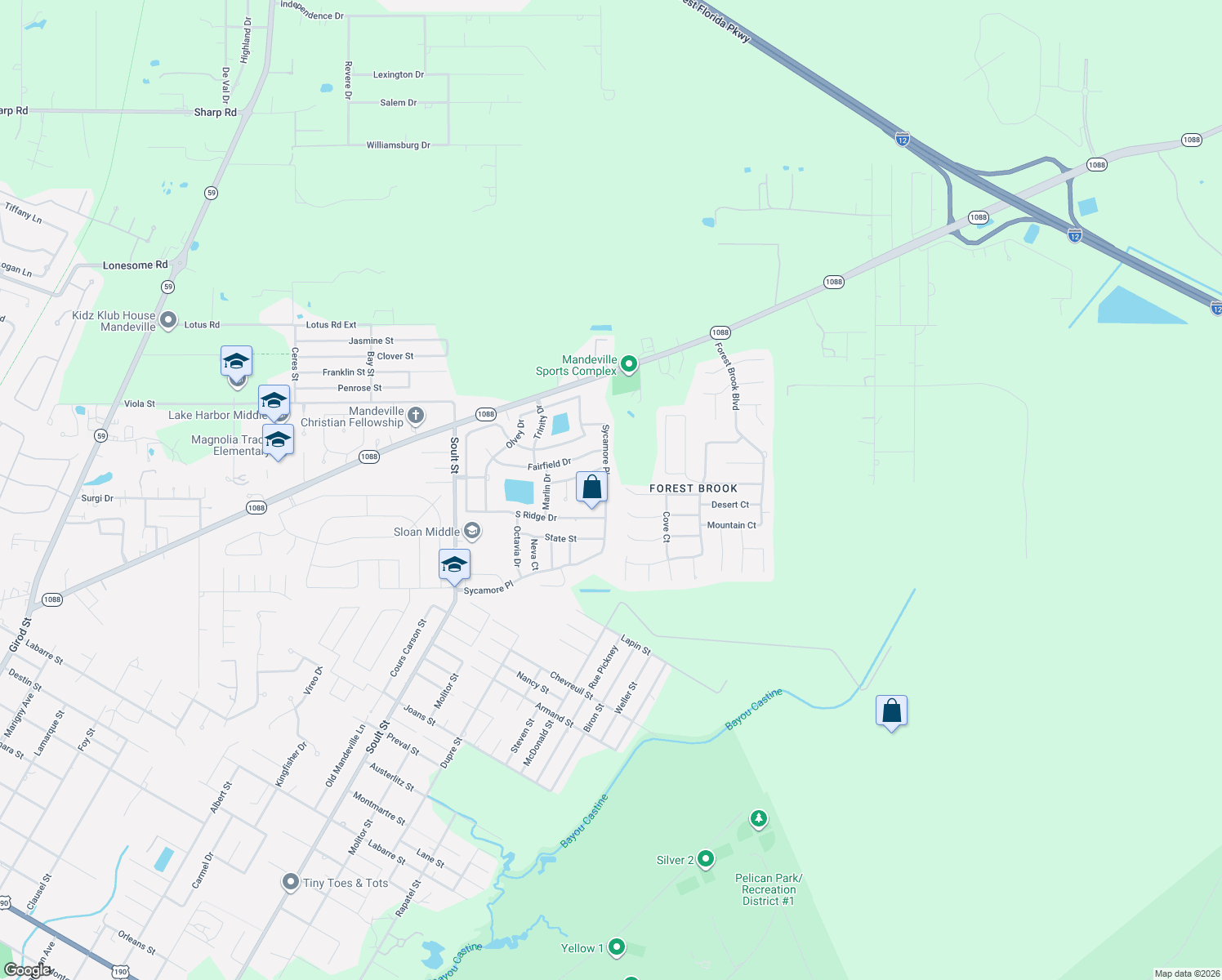 map of restaurants, bars, coffee shops, grocery stores, and more near 1448 Sycamore Place in Mandeville