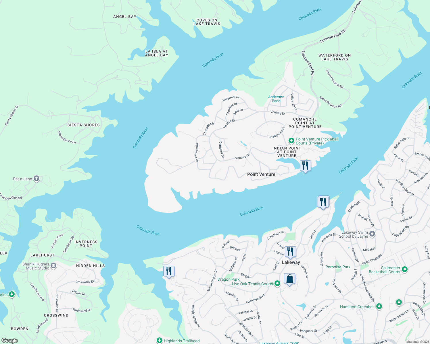 map of restaurants, bars, coffee shops, grocery stores, and more near 609 Augusta Circle in Lago Vista