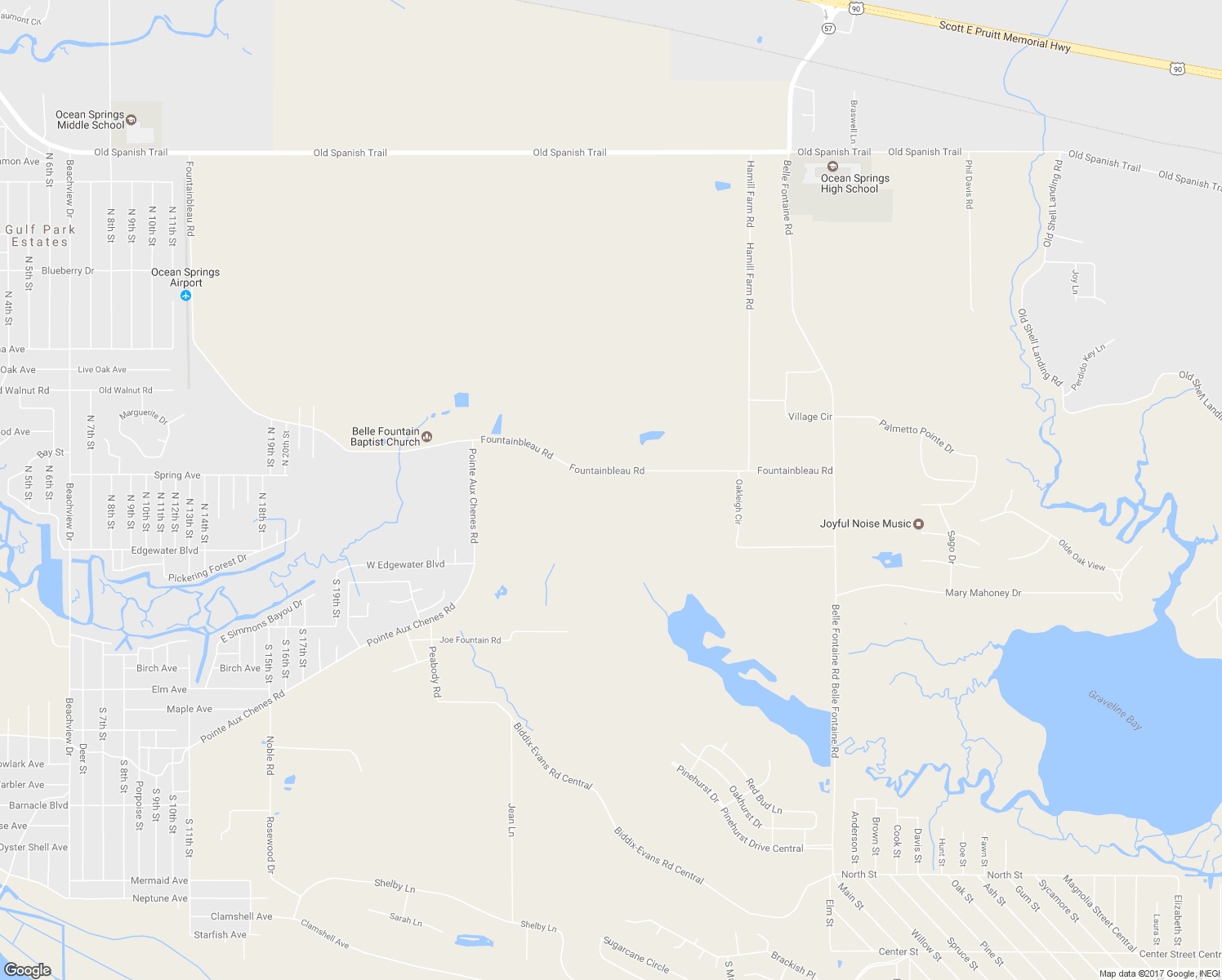 map of restaurants, bars, coffee shops, grocery stores, and more near 7335 Fountainbleau Road in Ocean Springs