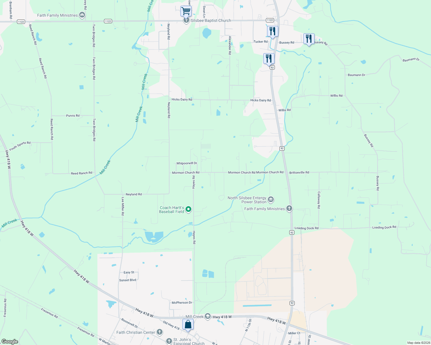 map of restaurants, bars, coffee shops, grocery stores, and more near 7712 Mormon Church Road in Silsbee