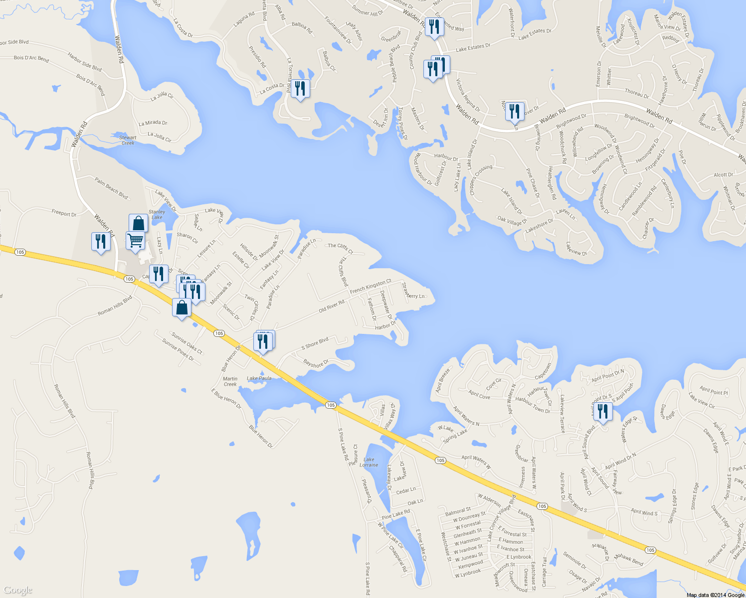 map of restaurants, bars, coffee shops, grocery stores, and more near 17453 Shadywater Drive in Montgomery