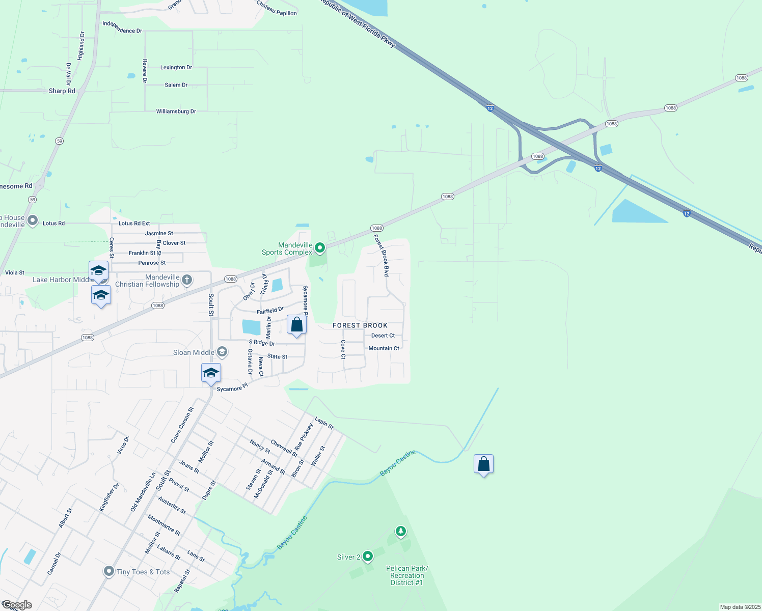 map of restaurants, bars, coffee shops, grocery stores, and more near 2725 Valley Court in Mandeville