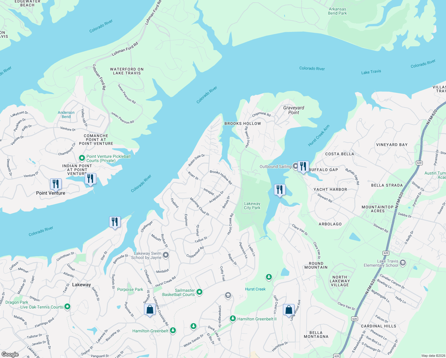 map of restaurants, bars, coffee shops, grocery stores, and more near 107 Oakglen Drive in Austin