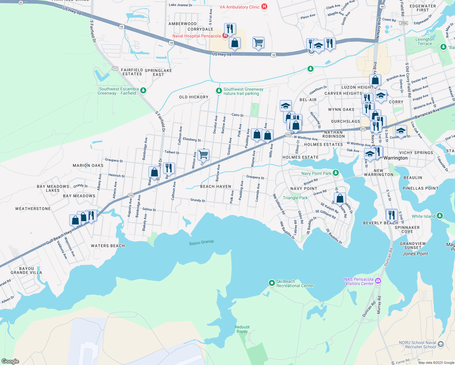 map of restaurants, bars, coffee shops, grocery stores, and more near 628 Gordon Avenue in Pensacola