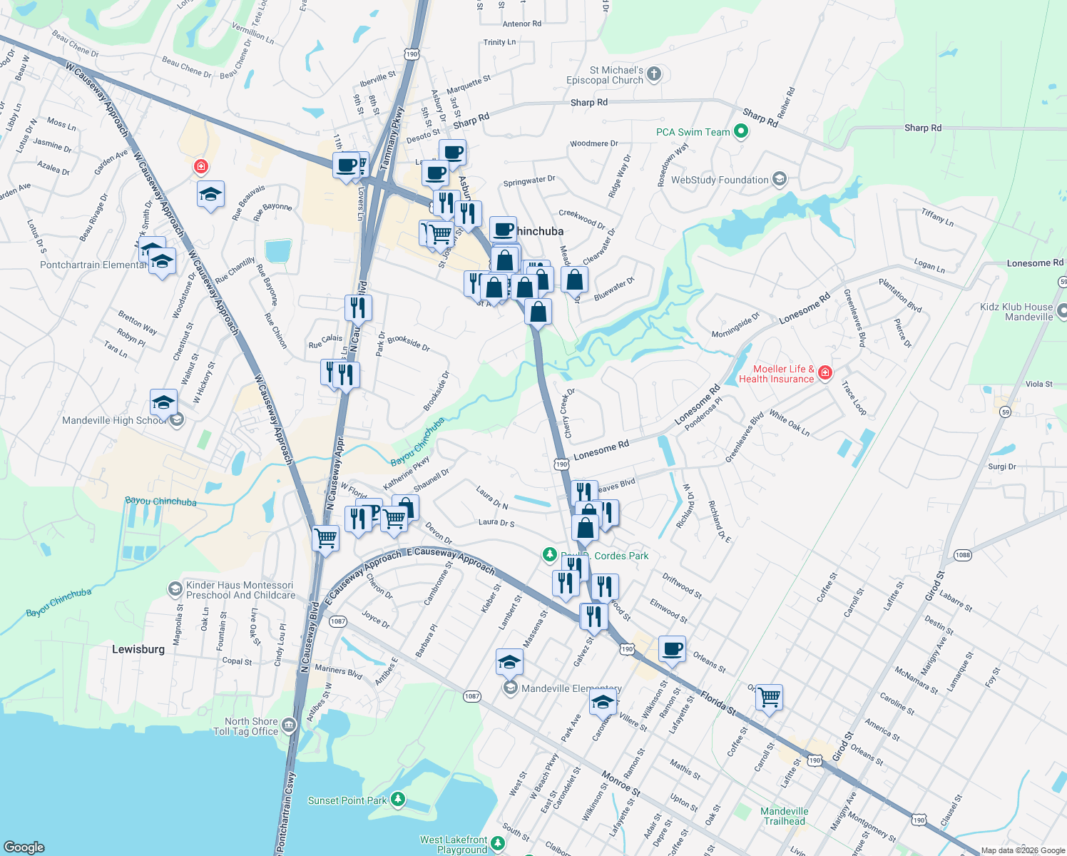 map of restaurants, bars, coffee shops, grocery stores, and more near 133 Wisteria Ln in Mandeville