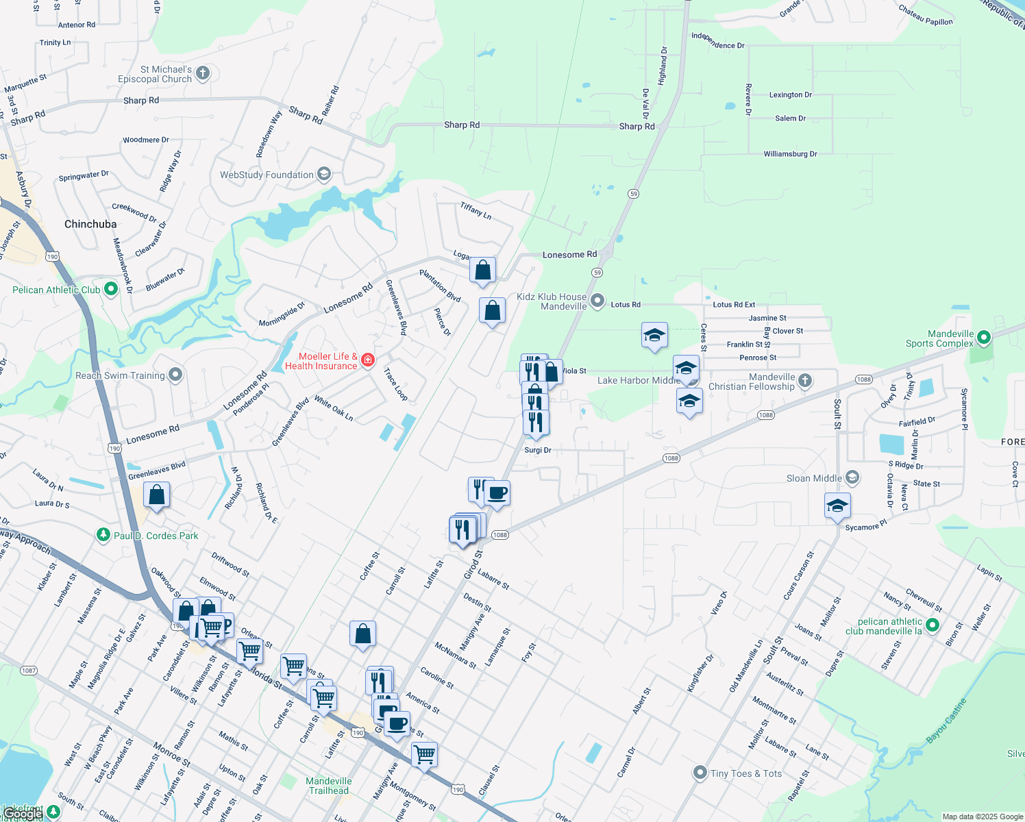 map of restaurants, bars, coffee shops, grocery stores, and more near 449 Browning Loop in Mandeville