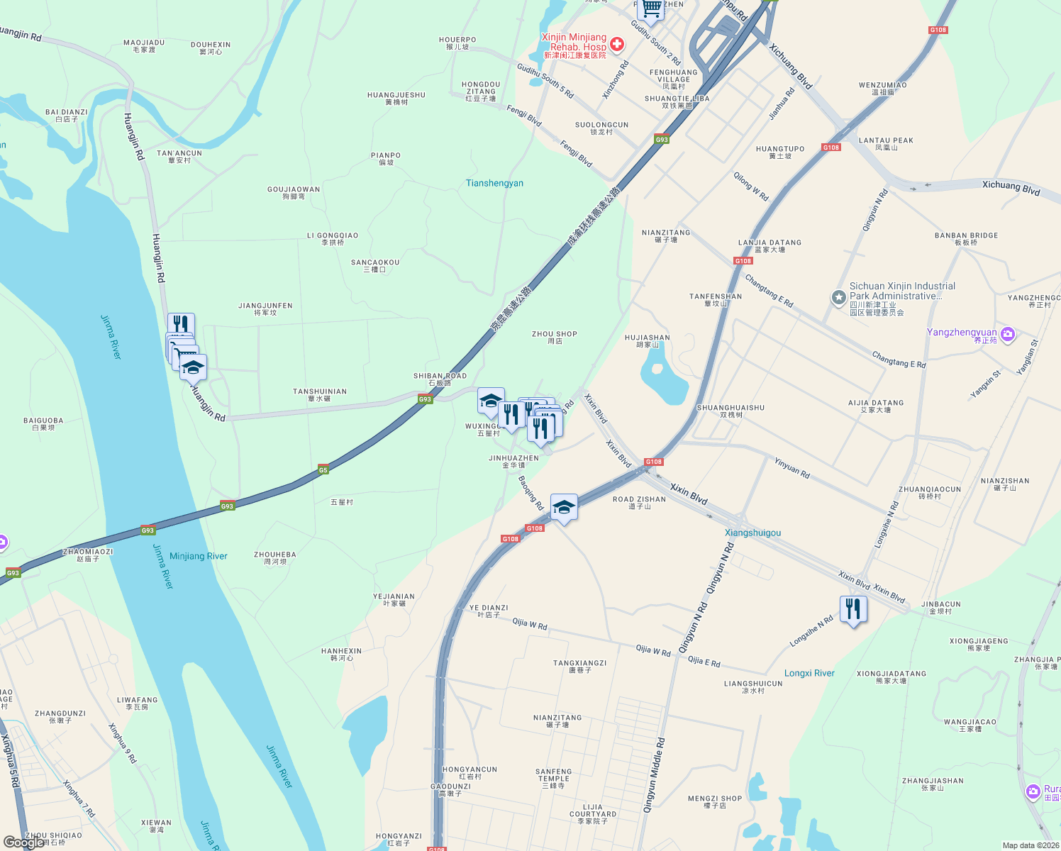 map of restaurants, bars, coffee shops, grocery stores, and more near Jin Hua Lu in Cheng Du Shi